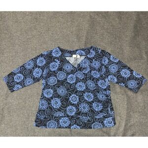 Covington Woman Women's 16-18W Blouse Floral V-Neck‎ 3/4 Sleeve Blue Black